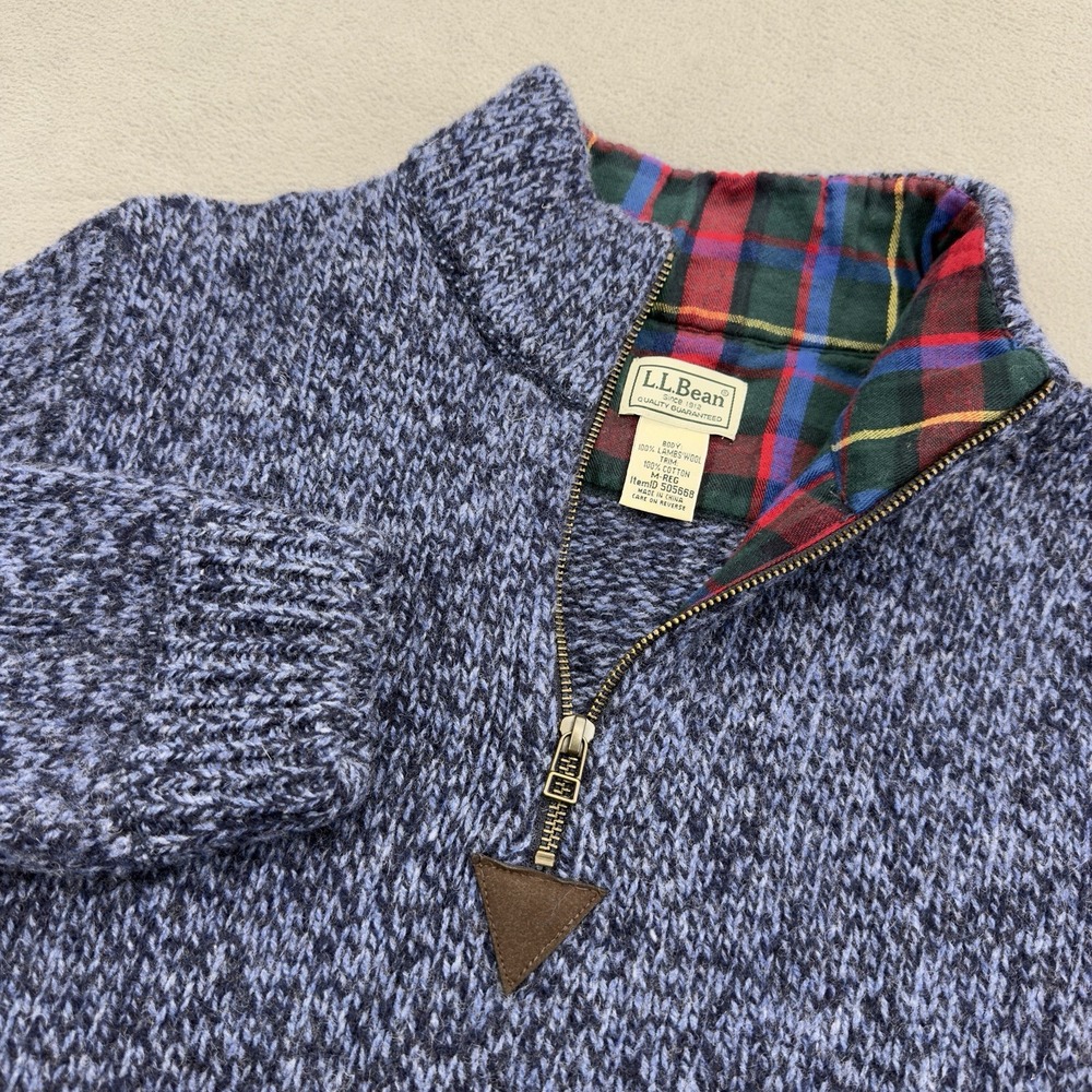 LL Bean 100% Lambs Wool Quarter Zip Sweater Mens M Blue Flannel Lined Pullover